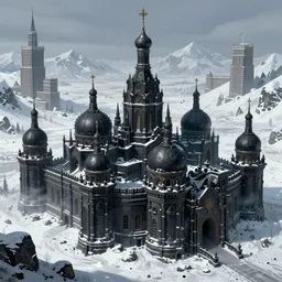 The capital of a warhammer 40k imperial russian citadel with black domes and spires, sci fi, located in the frozen northern wastes, soviet tower blocks, neo gothic magnificence, foreboding black steel exterior, snow capped mountains, fantasy, highly detailed, digital painting, artstation, concept art, illustration, art by Bayard Wu and Marc Simonetti and Diego Gisbert Llorens