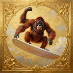 painting of orangutan surfing through the sky, by artgerm, by justin cheung, by greg hildebrandt, by wlop, charlie bowater, golden ratio, symmetric, elegant, ornate, luxury, elite, matte painting, cinematic, trending on artstation, deviantart and cgsociety, 8 k, high resolution