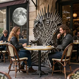 a photorealistic render of a parisian cafe on the moon at lunch time but all the chairs look like the iron throne, iron throne from game of thrones, scifi and fantasy, ultra detailed faces, 8 k, artstation, volumetric lighting, smooth, highly detailed, octane render, by andres rocha and albert bierstadt and greg rutkowski