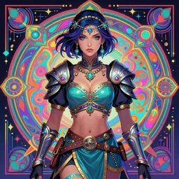 hyper detailed ultra sharp of a beautiful warrior girl. trending on artstation, vaporwave aesthetic, synthwave, colorful, psychedelic, ornate, intricate, digital painting, concept art, smooth, sharp focus, illustration, art by artgerm and greg rutkowski and alphonse mucha, 8 k