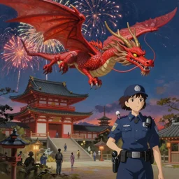 Stunning Portrait of A Red dragon flying above a Feudal Japan temple, during a fire works festival at night by Kim Jung Gi, Blizzard Concept Art Studio Ghibli. oil paint. 4k. by brom, Pixiv cute anime girl wearing police gear by Ross Tran, Greg Rutkowski, Mark Arian, soft render, octane, highly detailed painting, artstation