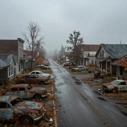wide angle shot of dilapidated fallout 5 in real life, desolate dilapidated town, empty streets, nightmarish, some rusted retro futuristic fallout 4 style parked cars, overcast, blankets of fog pockets, rain, volumetric lighting, beautiful, daytime, autumn, sharp focus, ultra detailed, cgsociety