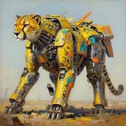 an intricate oil painting of a giant south african armored cheetah shaped scrap metal mecha by simon stalenhag, yellow, orange and cyan paint decals