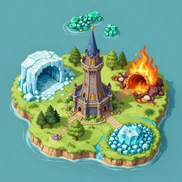 Aerial view of an island with a wizard tower in the center an ice cave to the west, a fire cave to the east, a emerald mine to the north and a diamond mine to the south, lineart, colored