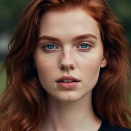 close up portrait photograph of a thin young redhead woman with russian descent, sunbathed skin, with deep blue eyes. Wavy long maroon colored hair. she looks directly at the camera. Slightly open mouth, with a park visible in the background. 55mm nikon. Intricate. Very detailed 8k texture. Sharp. Cinematic post-processing. Award winning portrait photography. Sharp eyes.