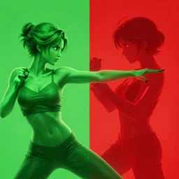 green lady fighting red 3, high intricate details, rule of thirds, golden ratio, cinematic light, anime style, graphic novel by fiona staples and dustin nguyen, by beaststars and orange, peter elson, alan bean, studio ghibli, makoto shinkai