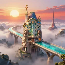 highly detailed futuristic architecture by Antoni Gaudí and Salvador Dalí, sky bridge, turquoise water, ground-level view, foggy atmosphere, stunning sunny lighting, sunrise, vivid colors, in the style of pixar animation, trending on Artstation, 8k, matte painting, ray tracing, hyper detailed, unreal engine 5, cinematic, epic lighting, cryengine, octane render, cyberpunk, red and orange glow, vibrant
