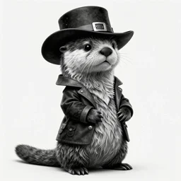 anthropomorphic masculine otter in costume in hat juanjo guarnido, concept art, highly detailed, eddotorial illustration, b & w, noir