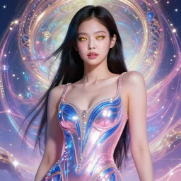 Jennie Kim from Blackpink as magical celestial princess wearing luxurious futuristic chic slim pearlescent dress, bright gold eyes, peaceful expression, fantasy, intricate pink and royal blue dress, modeling for Dulce and Gabanna, accurately portrayed, portrait art by James Jean and Alphonse mucha, highly detailed, digital painting, concept art, illustration, multiversal paradise shining rgb luxurious lights, trending on artstation, very detailed, smooth, sharp focus, octane render, close up