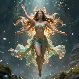 a beautiful female human god of earth character, character is in all its glory, character is centered on the image, character is flying in natural pose, rim lights, highly detailed professional photo, dynamic lights, particles and crystals are flying, very deep depth of field, trending on artstation, illustration, hyper realistic, vray caustics, super detailed, colorful accents, cinematic shot