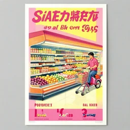 advertising of a 1 9 5 0 s supermarket, poster, pink and yellow palette, playbill