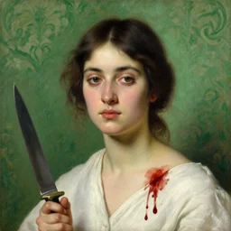 by 1 9 th century famous painter, portrait, young woman, blood smear, blood dripping, knife, realism, realistic, oil painting, green wallpaper background