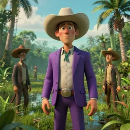 snake oil salemen inhuge cowboy hats and purple suits in a swampy jungle landscape, visible sky and humid atmosphere, weekend in formosa by denis villeneuve, grant wood, henri rousseau, kodakchrome, cinematic composition, practical effects, 8 k, trippy film from 2 0 1 9, 3 d rendering