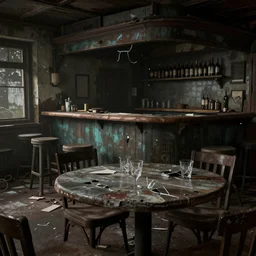 an abandoned bar inside out view, table, broken glasses, fantastic, digital art, Hyperdetailed, Unreal Engine 5, octane render