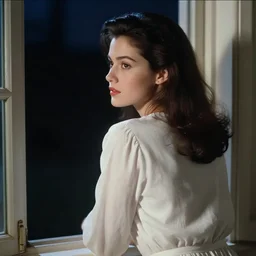 90s color film, cinematic tones. Scene where a woman in white looking the window at midnight, focus her back