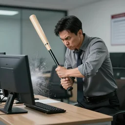an photo of angrily manager smash the computer using baseball bat, slowmotion cam