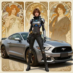 a beautiful girl in a cyberpunk costume is standing near ford mustang. masterpiece 4k digital illustration by Ruan Jia and Mandy Jurgens and Artgerm and william-adolphe bouguereau, award winning, Artstation, art nouveau aesthetic, Alphonse Mucha background, intricate details, realistic, panoramic view, Hyperdetailed, 8k resolution, intricate art nouveau