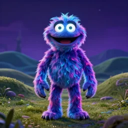 3 d model of a furry evil muppet monster with glowing eyes by jim henson and alexander jansson : 1 | centered, spectral color, electric color, rolling hills : 0. 9 | fantasy : 0. 9 | by dave melvin : 0. 4 | unreal engine, deviantart, artstation, octane, finalrender, concept art, hd, 8 k resolution : 0. 8