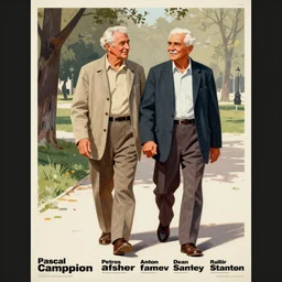 an elder couple holding hands while walking in the park. advertising poster, limited neutral palette, by pascal campion, petros afshar, anton fadeev, dean ellis, randolph stanley hewton, beautiful graphic, propaganda poster art 1 9 7 0 s illustrated advertising art, painterly design