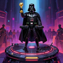 darth vader dj standing on a giant science fiction turntable at a deathstar rave, digital art, winning award masterpiece, fantastically beautiful, illustration, dan mumford, moebius, artgerm, wlop 8 k