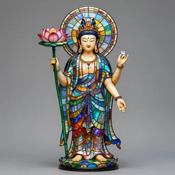 a multi armed quan yin sculpture made of colorful stained glass, holding a comically large lotus flower, digital art, artstation, concept art, award winning beautiful stained glass statue,