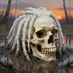 a detailed and accurate masterpiece painting of a skull with white dreadlocks deep in mud in a swamp at sunset, sharp detail, by tyler edlin, noah bradley, john j. park, jordan grimmer trending on artstation