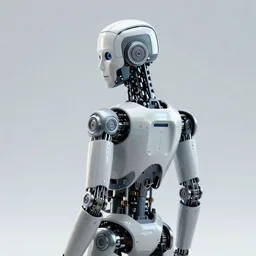 portrait of half humanoid half robort with metal winks in back