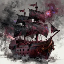 an impressionist image of a cyberpunk pirate ship. smoke black and maroon colour scheme. atompunk. intricate masterpiece. circuitboard. sparks. rich deep colours. heavenly glow. nebulae. plasma. guy denning and mark brooks
