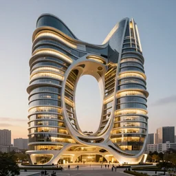 modern beautiful Saha Hadid building, hypermaximalistic, high details, cinematic, 8k resolution, beautifully detailed, insanely intricate details, artstation trending, octane render, unreal engine, bright lit interiors, warm yellow lights, golden hour, city background in silhouette,
