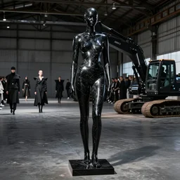 photo of female statue, the statue is made out of glossy black marble, an empty dark warehouse in the background, hangar, cinematic composition, rei kawakubo, martin margiela, maison margiela, black construction equipment, robotic arm, excavator, alexander mcqueen, alyx 1 0 9 7 9 sm, matthew williams, yohji yamamoto, japanese avant garde fashion, fashion, paris, runway, collection, beautifully lit, glossy, hd, 4 k, 8 k, extremely clear focus, sharp, award winning fashion photograph