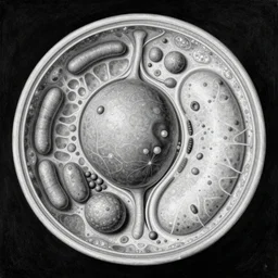 a black and white detailed anatomy of an eukaryotic cell showing the mucleus, mitochondria, golgi and endoplasmic reticulum, painting by da vinci