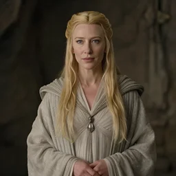film still of thirtyone years old cate blanchett as lumnious galadriel!!!! in lord of the rings movie ( 2 0 0 2 )