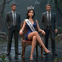 3 d unreal engine octane render of miss of the world sitting on the chair in the rain by vincent di fate and by conrad roset and by greg rutkowski