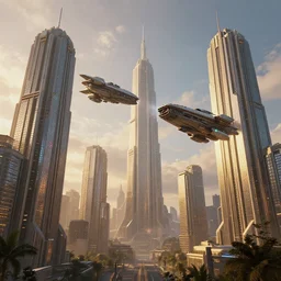 The futuristic sci-fi city has tall brutalist architecture buildings, two giant spaceships are combating and floating over the city, the background has a detailed heavenly lit exterior with iridescent light, matte painting, concept art, dramatic lighting, golden hour, 4k, 8k, trending on Artstation, realistic