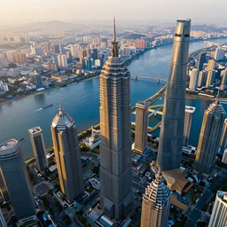 many skyscrapers with straight features, big blue river with bridge in the middle, golden hour, artstation, unreal engine 5, photorealistic, hyperdetailed, beautiful, epic scene, aerial view,