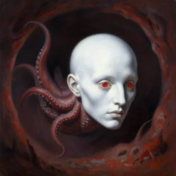painting by greg rutkowski of a flying human head and face that is chalk white in color, with tentacles coming of the neck, red eyes, flying in a terrying hell like cavernous place
