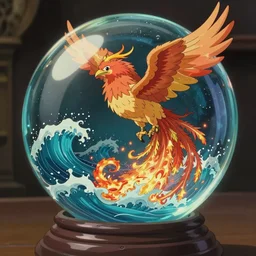 crystal ball with a phoenix rising from the ashes splitting an ocean inside, studio ghibili, path traced, octane render, highly detailed, high quality, artgerm, hd, alphonse mucha, tom bagshaw