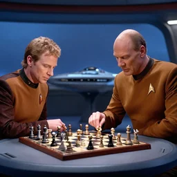 captain kirk and picard playing chess on the bridge of the enterprise