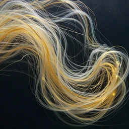 thousands of thin threads of translucent gold and silver unravel and twist and flow underwater in a fast current, fantasy, magic