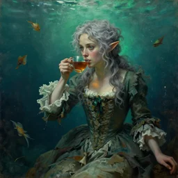a 1 8 th century, messy, silver haired, ( ( ( mad ) ) ) elf princess ( look like ( ( young kate winslet ) ) ), dressed in a frilly ( ( ragged ) ), antique dress, is ( ( drinking a cup of tea ) ). everything is underwater! and floating. greenish blue tones, theatrical, green lights, fantasy oil canvas by jakub rozalski, jan matejko