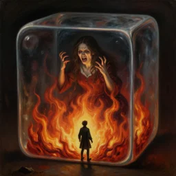 a tiny husband being tormented by raging crazy wife in a giant cubic bubble portal to flames of hell, dark, disturbing, uneasy, unsettling, by hieronymus bosch, trending on artstation, trending on nightcafe, by alexander fedosa oil on canvas