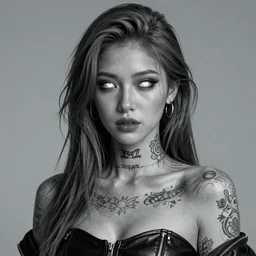 Hot young woman with grey skin, possessed white eyes, tattoos, and wearing leather, photorealistic, HDR, volumetric lighting
