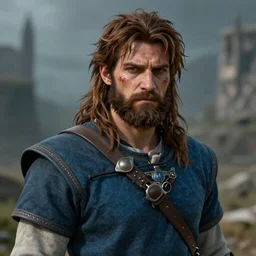 A fantasy comic book style portrait painting of sad half elf ranger, shaggy brown hair, scruffy beard, scar on face, blue tunic, unreal 5, DAZ, hyperrealistic, octane render, cosplay, RPG portrait, dynamic lighting