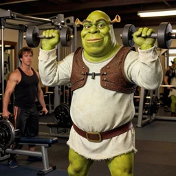 Shrek pumping iron at the gym with Arnold Schwarzenegger vintage