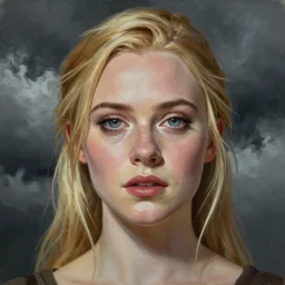 professional painting of Elle Fanning in the style of Kingdom Come by Mark Waid, head and shoulders portrait, symmetrical facial features, smooth, sharp focus, illustration, intricate, stormy weather, extremely detailed masterpiece,