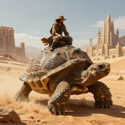 Large Fantasy City riding on the back of a Giant tortoise stomping through the hot sunny desert, High detail, Dungeons and Dragons, Focus on giant tortoise, 4k