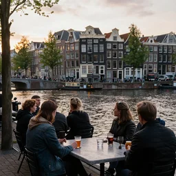 people having drinks on the waterfront of amsterdam during sunset. f 1 1 hasselad