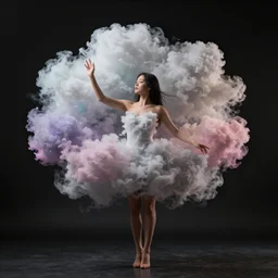 woman made from coloured clouds and smoke, studio photo on a black background