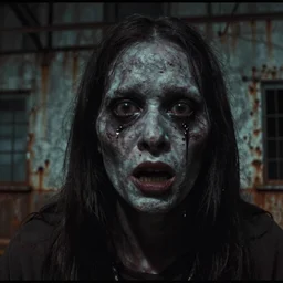 screengrab of a ghost, highly detailed environment, detailed face, sharp focus, slight focus on face, haunted building, found footage, low quality camera, dark colors, industrial setting, rusty, lost footage, disturbing, horror, fear, bad camera, old footage, hyperrealism, movie, movie screengrab, body horror, omnious, scary face