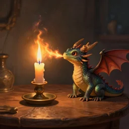 tiny dragon that lights a candle with its breath, a burst of flames comes from his mouth toward the candle, the candle is on a wooden table, on a candle holder, the dragon is placed on the table too, fantasy painting, artstation, Fantasycore, award winning, stunning art, cozy